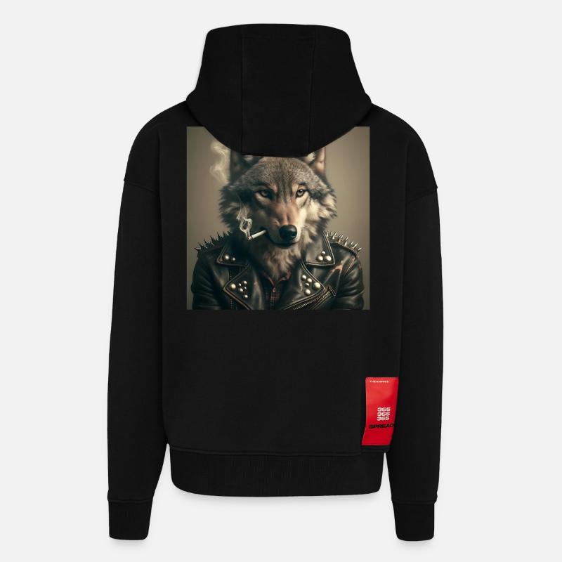 Rockiger Wolf mit Lederjacke - Zip Hoodie - made by SPREAD - SOLID BLACK