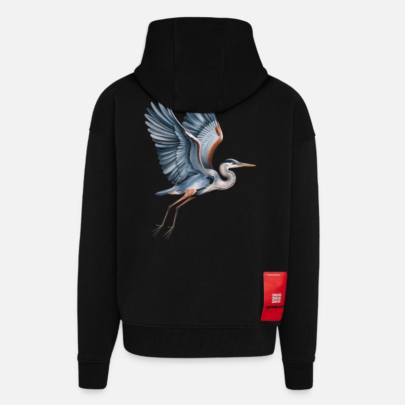 Héron élégant aux ailes déployées - Veste à capuche bio épaisse oversize fabriqué en UE - SOLID BLACK