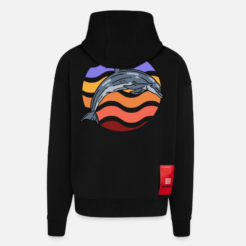 Dolphin in wave pattern - Zip Hoodie - made by SPREAD - SOLID BLACK