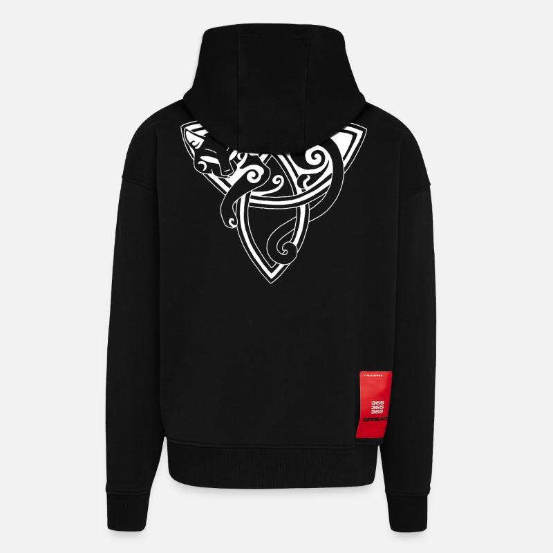 Chat blanc et symbole celte - Veste à capuche bio épaisse oversize fabriqué en UE - SOLID BLACK