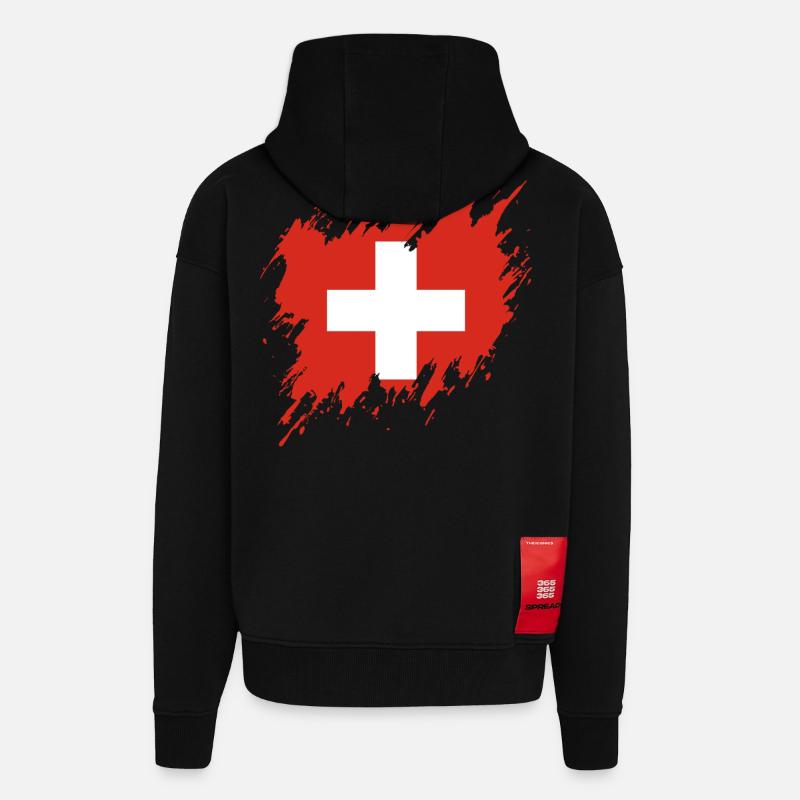 Drapeau de la Suisse, style déchiré - Veste à capuche bio épaisse oversize fabriqué en UE - SOLID BLACK