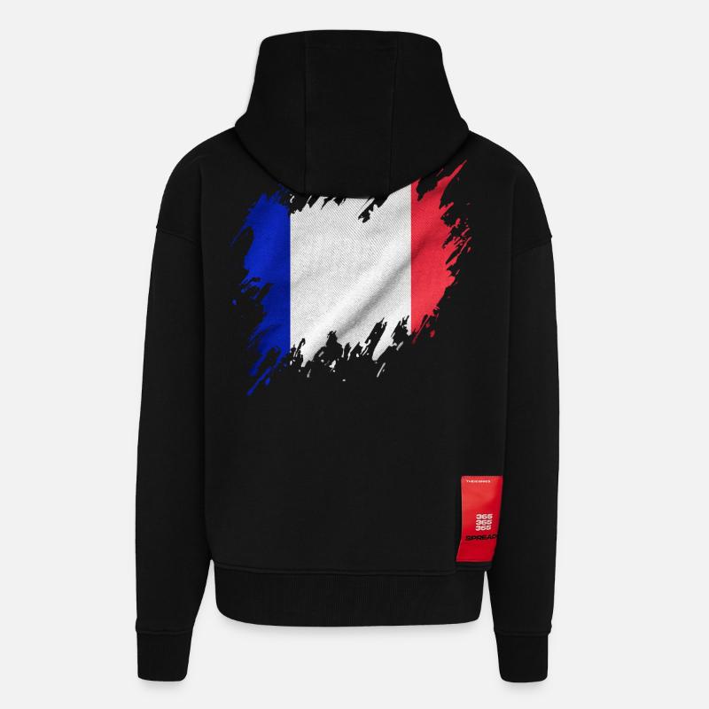 Drapeau français, style déchiré - Veste à capuche bio épaisse oversize fabriqué en UE - SOLID BLACK