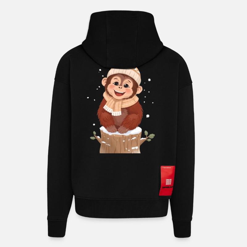 Winter monkey on tree stump - Zip Hoodie - made by SPREAD - SOLID BLACK