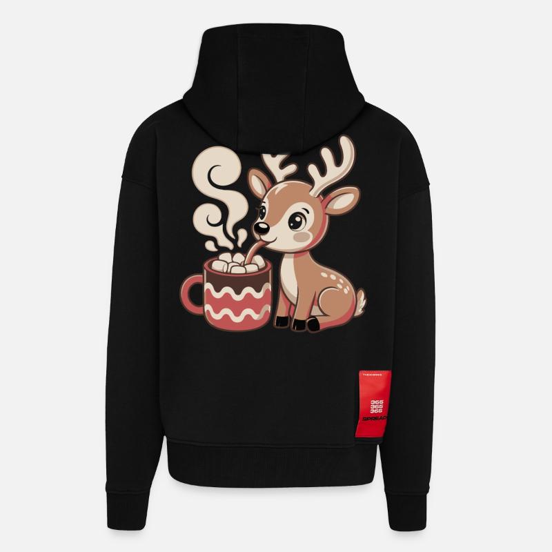 Le cerf câlin boit du cacao - Veste à capuche bio épaisse oversize fabriqué en UE - SOLID BLACK