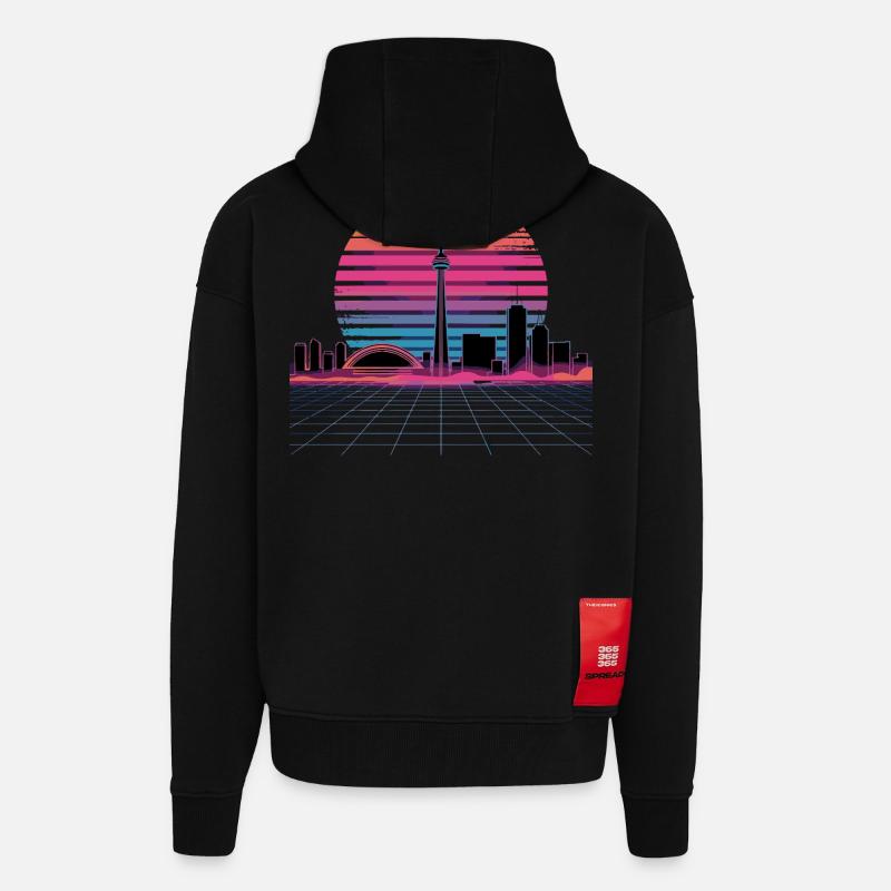 Coucher de soleil rétro Néon Skyline - Veste à capuche bio épaisse oversize fabriqué en UE - SOLID BLACK