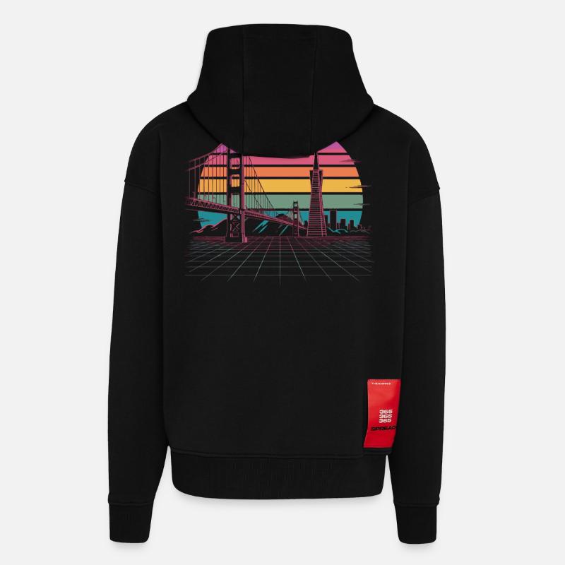 Rainbow Bridge Neon Skyline San Francisco - Veste à capuche bio épaisse oversize fabriqué en UE - SOLID BLACK