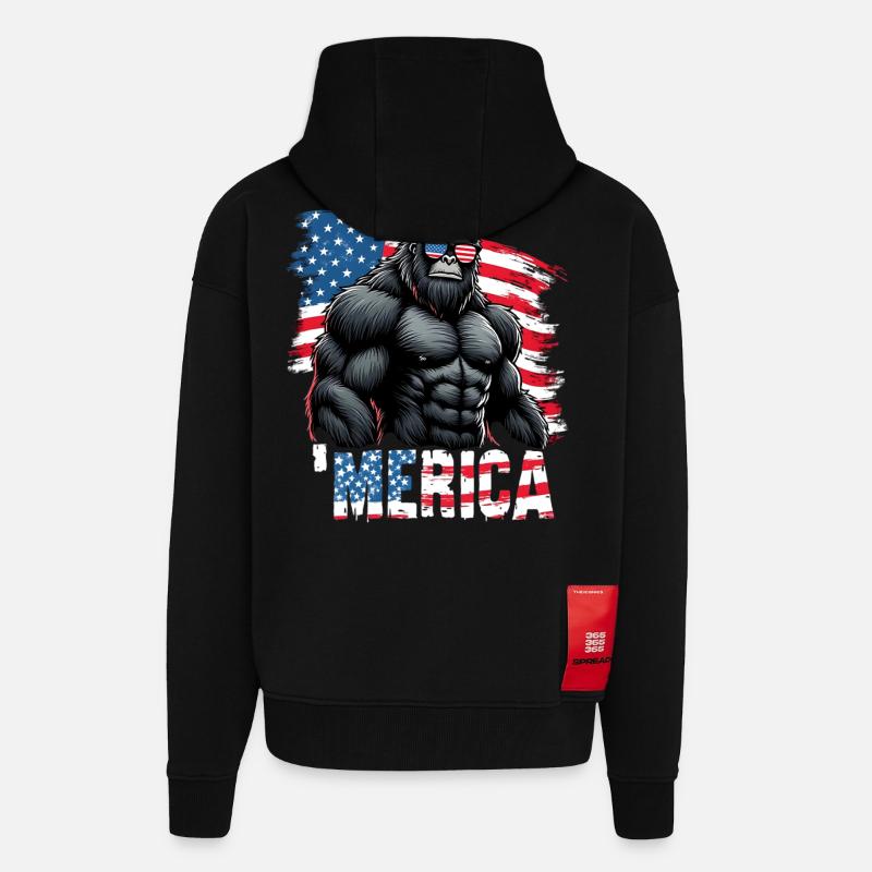 Gorille musclé avec drapeau - Veste à capuche bio épaisse oversize fabriqué en UE - SOLID BLACK