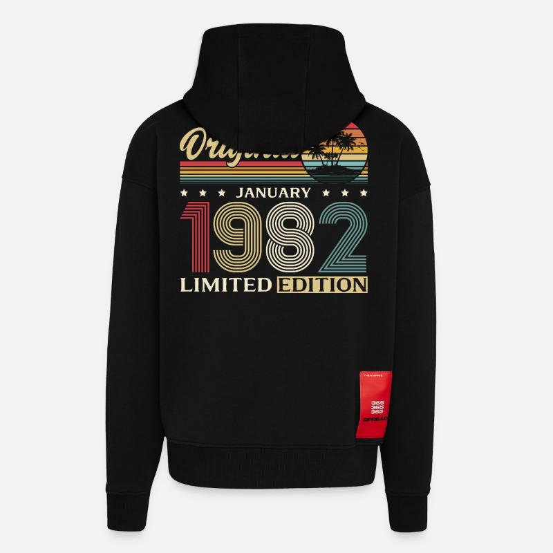 44e anniversaire Original janvier 1982 - Veste à capuche bio épaisse oversize fabriqué en UE - SOLID BLACK