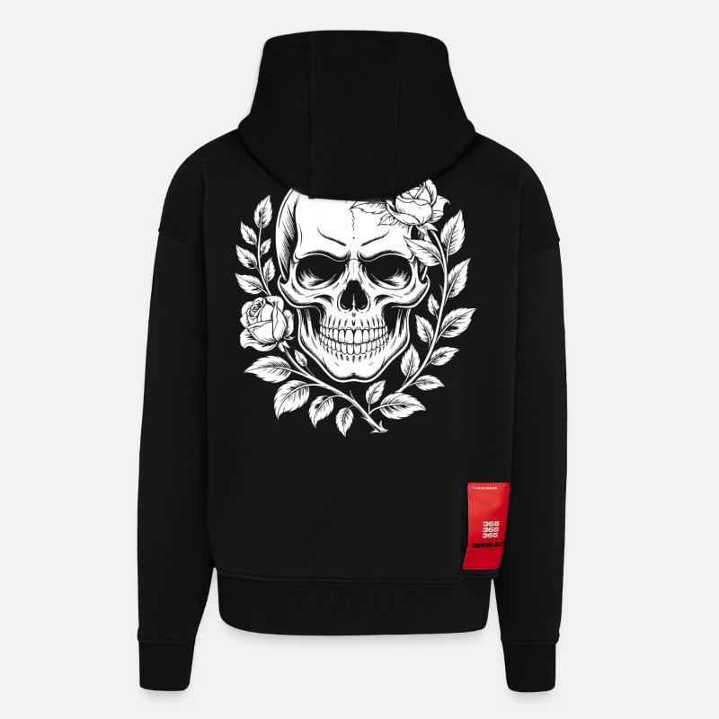 Crâne avec couronne de fleurs - Veste à capuche bio épaisse oversize fabriqué en UE - SOLID BLACK