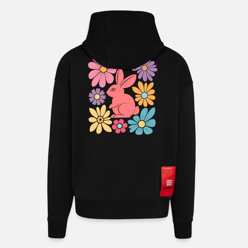 Joyeux lapin de Pâques Boho - Veste à capuche bio épaisse oversize fabriqué en UE - SOLID BLACK