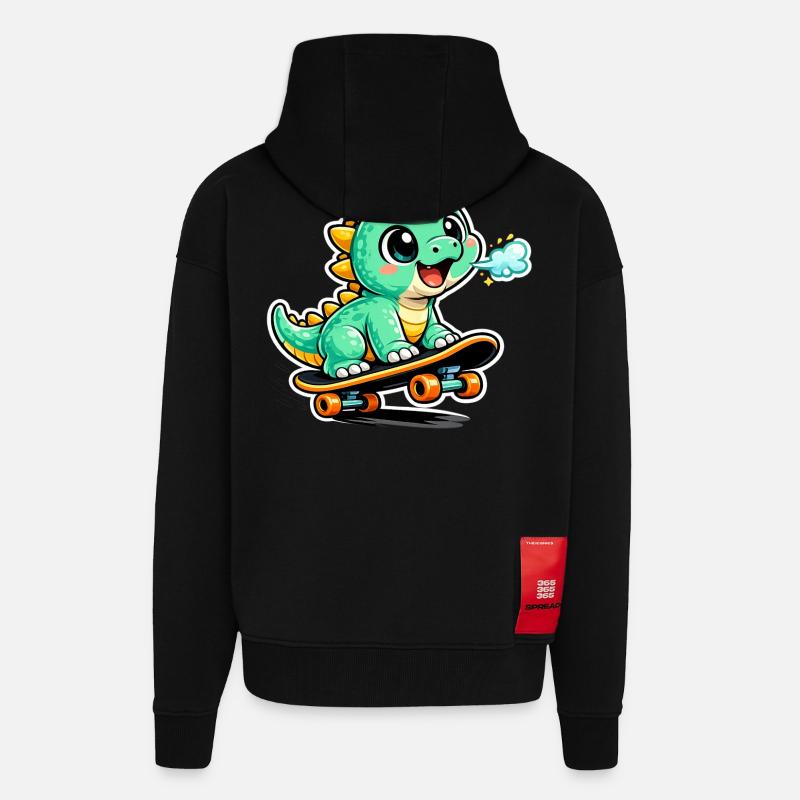 Héros du skateboard Dino vert - Veste à capuche bio épaisse oversize fabriqué en UE - SOLID BLACK