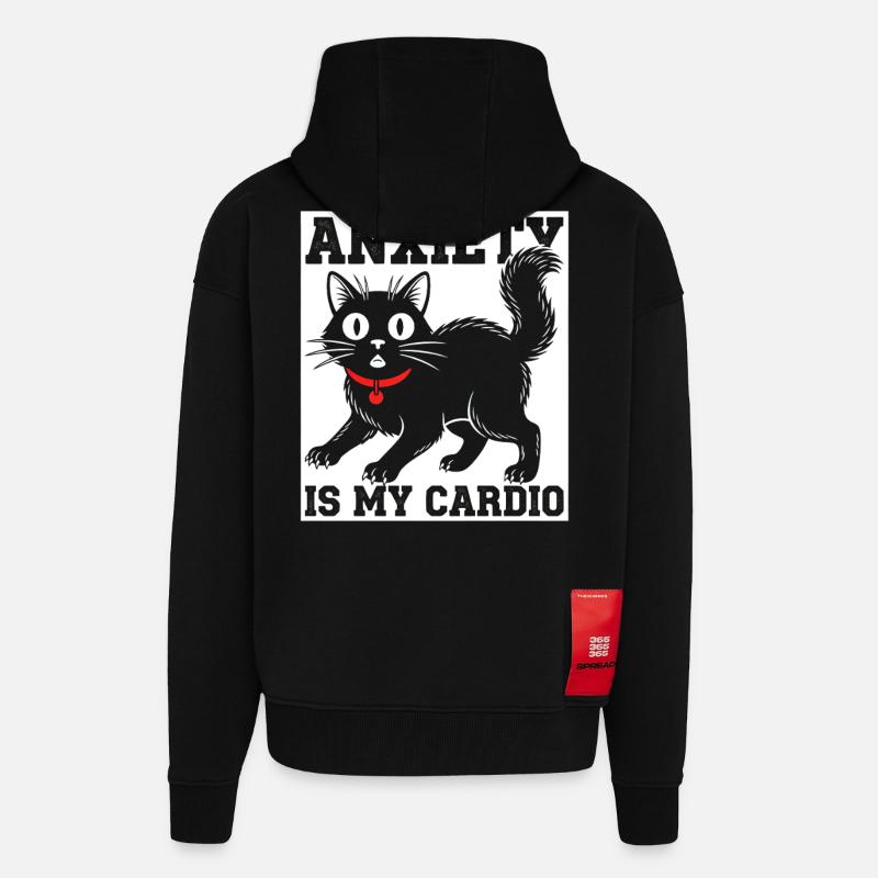 L’anxiété, c’est mon chat cardio - Veste à capuche bio épaisse oversize fabriqué en UE - SOLID BLACK