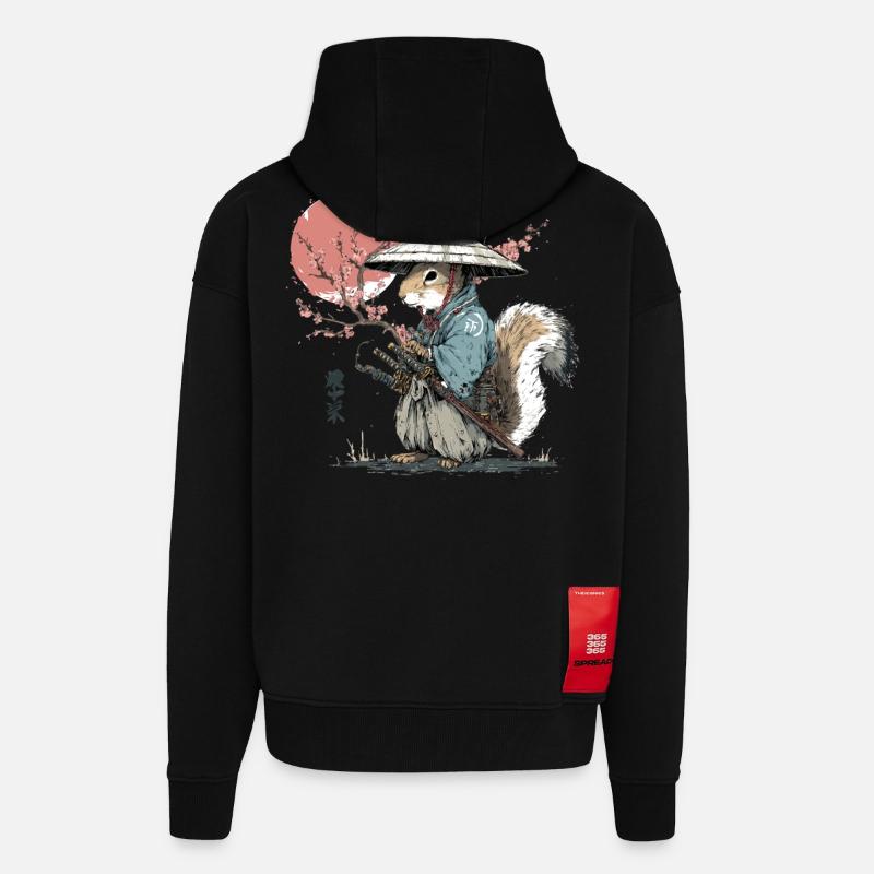 Eichhörnchen-Samurai in Sakura-Roben - Zip Hoodie - made by SPREAD - SOLID BLACK