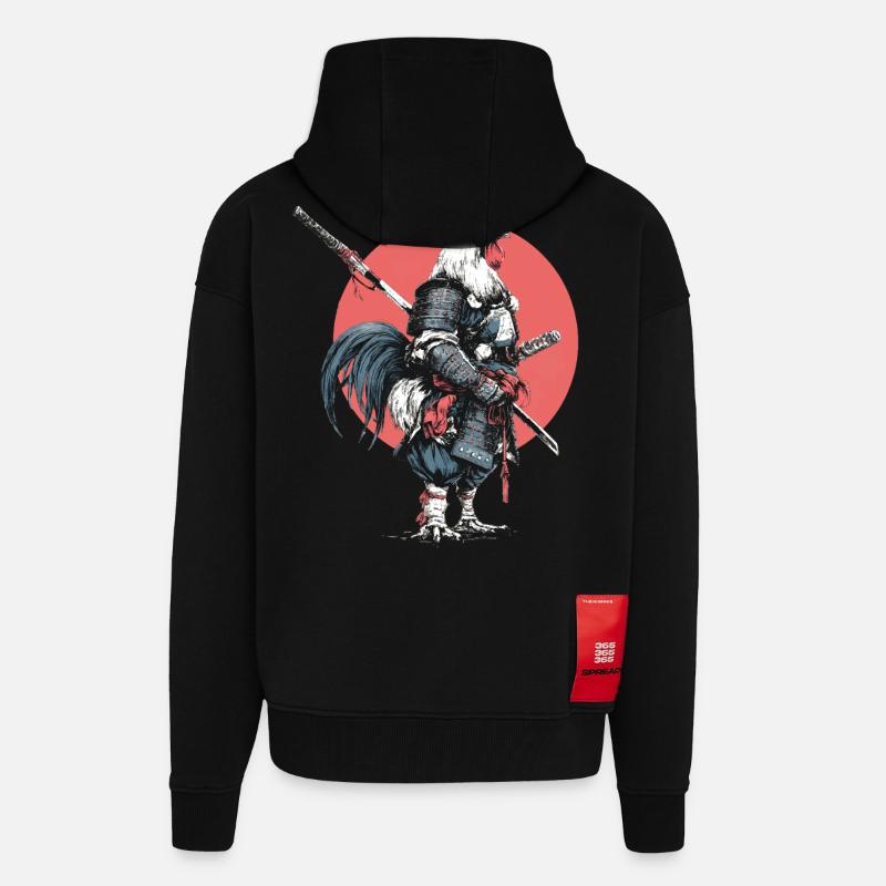 Samouraï Coq en armure - Veste à capuche bio épaisse oversize fabriqué en UE - SOLID BLACK
