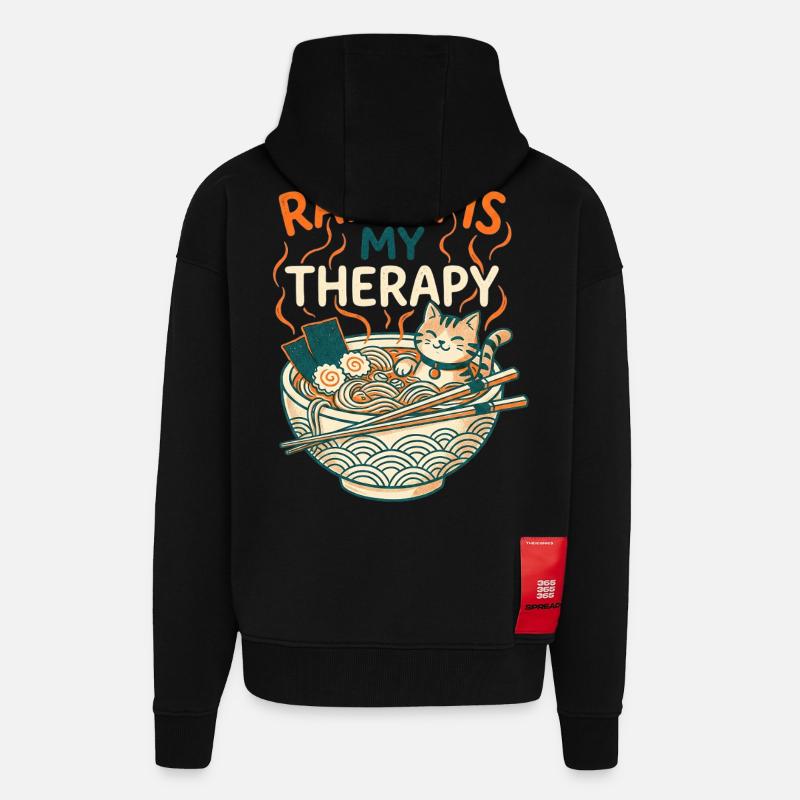 Ramen Therapy Cat - Veste à capuche bio épaisse oversize fabriqué en UE - SOLID BLACK