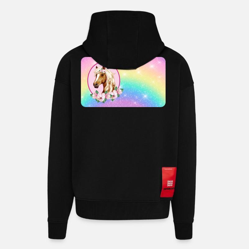Pferd mit Blumen und Glitter Regenbogen - Zip Hoodie - made by SPREAD - SOLID BLACK