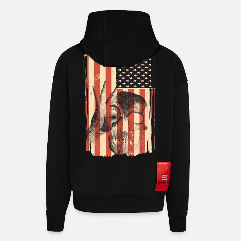 Drapeau des États-Unis avec crâne - Veste à capuche bio épaisse oversize fabriqué en UE - SOLID BLACK
