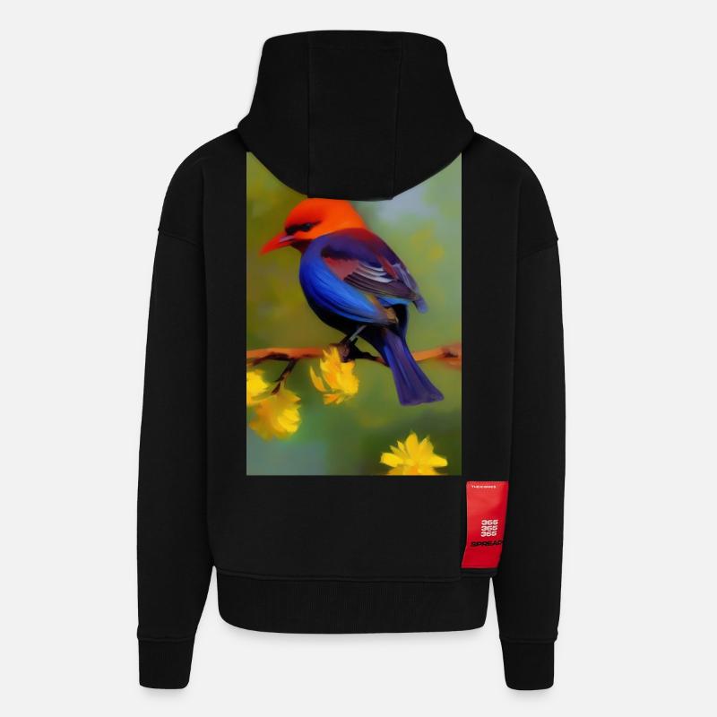 Oiseau sur branche avec fleurs - Veste à capuche bio épaisse oversize fabriqué en UE - SOLID BLACK
