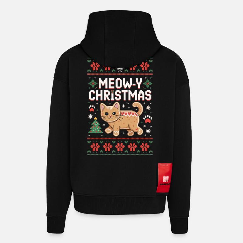 Miaou Noël Pixel Chat - Veste à capuche bio épaisse oversize fabriqué en UE - SOLID BLACK