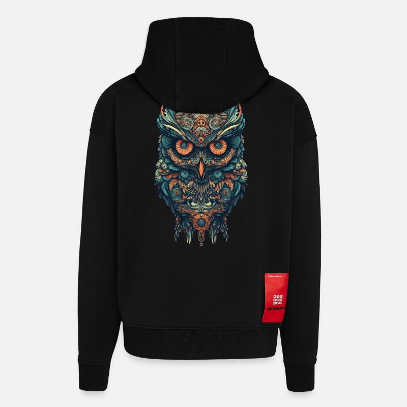 Mythical boho owl with surreal patterns - Zip Hoodie - made by SPREAD - SOLID BLACK