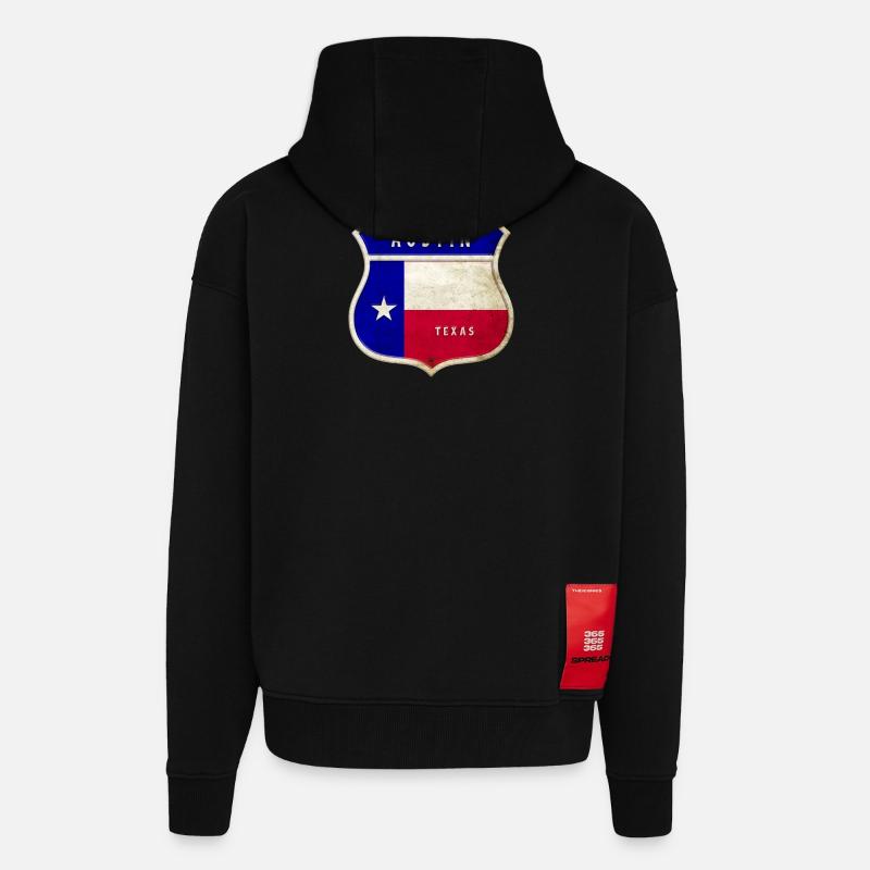 Drapeaux à écusson Austin Texas - Veste à capuche bio épaisse oversize fabriqué en UE - SOLID BLACK