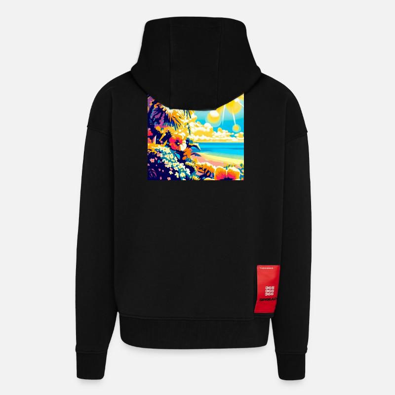 Plage tropicale rétro et soleil - Veste à capuche bio épaisse oversize fabriqué en UE - SOLID BLACK