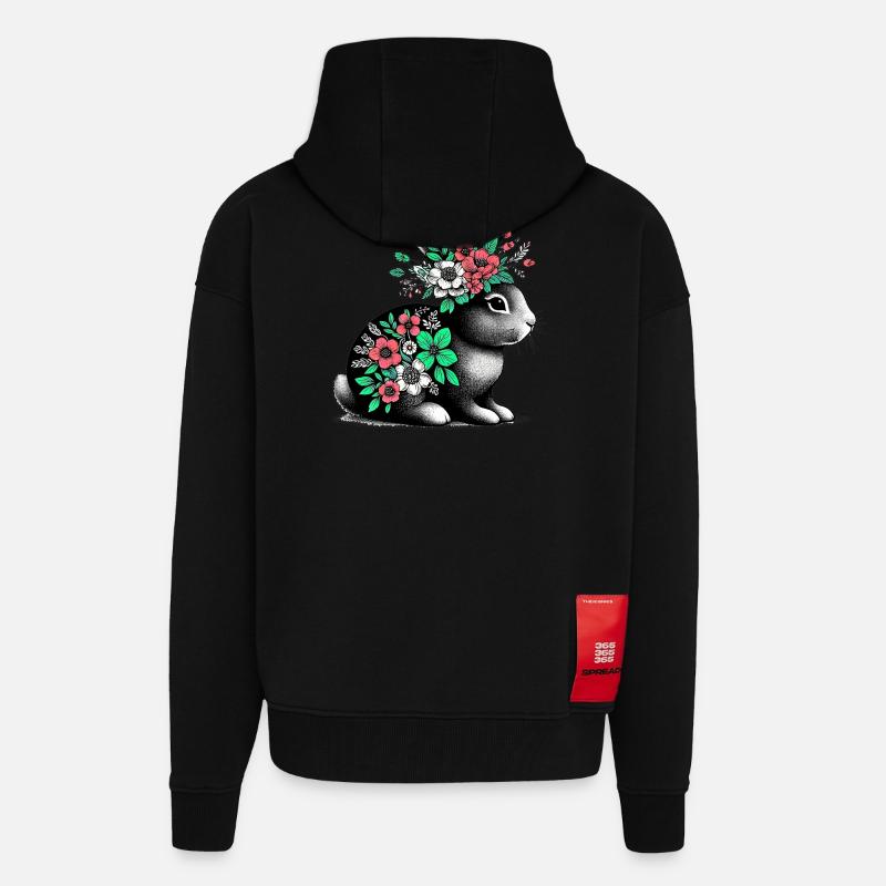 Lapin aux fleurs - Veste à capuche bio épaisse oversize fabriqué en UE - SOLID BLACK