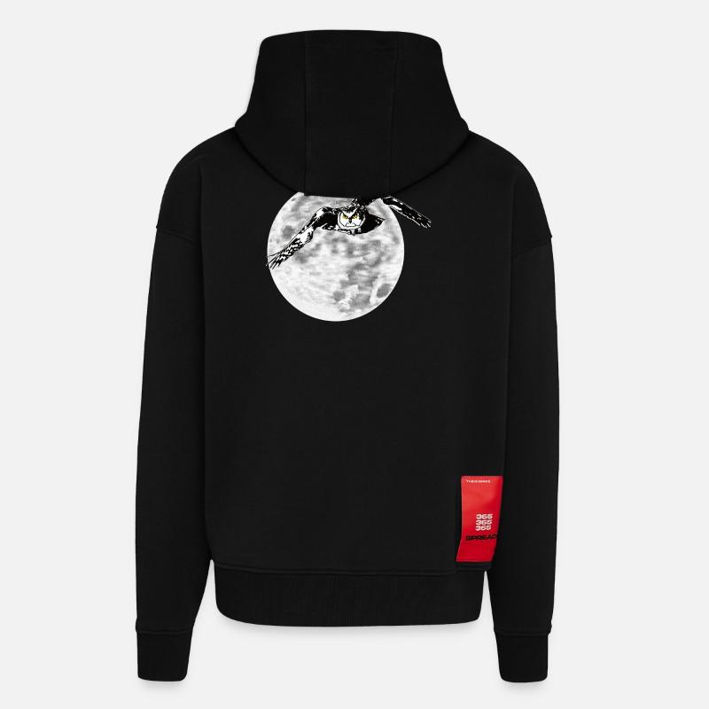 Hibou devant la lune - Veste à capuche bio épaisse oversize fabriqué en UE - SOLID BLACK