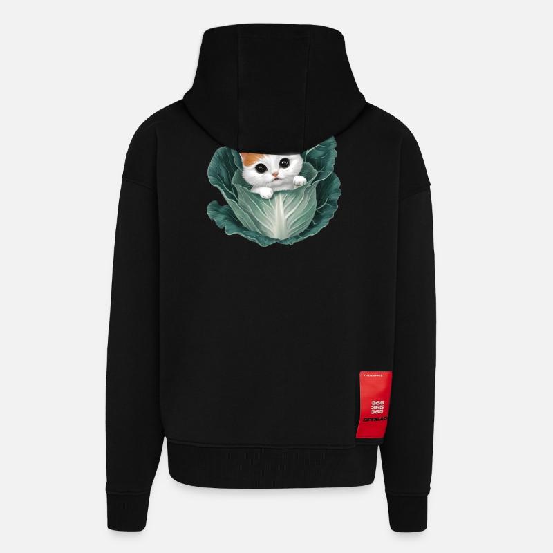 Kitten Peeking from Cabbage Leaf - Zip Hoodie - made by SPREAD - SOLID BLACK