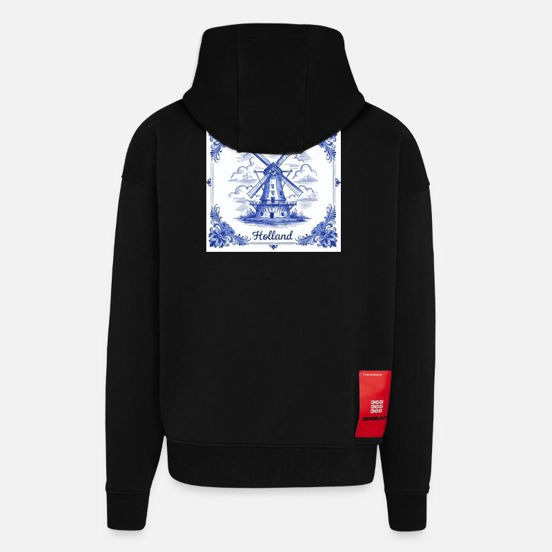 Delft blue windmill tile - Zip Hoodie - made by SPREAD - SOLID BLACK