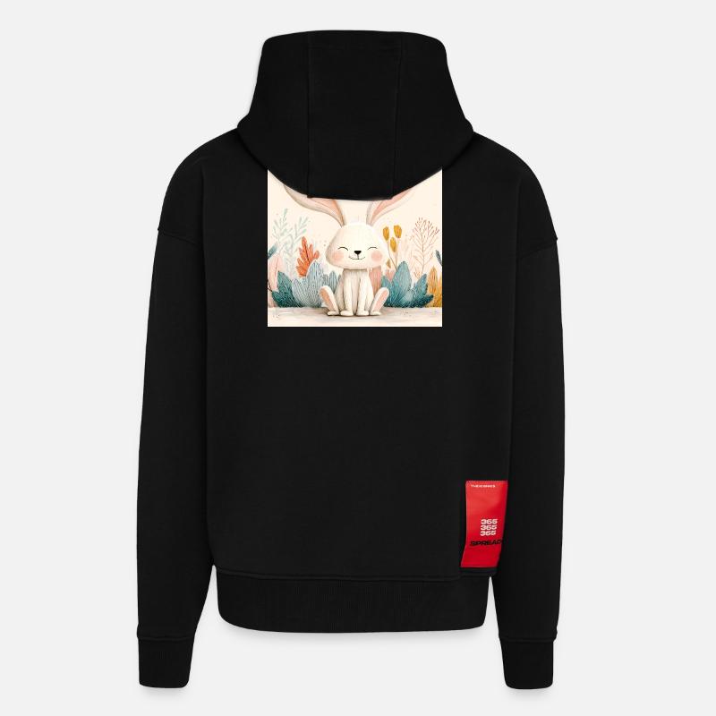Lapin mignon avec végétation pastel - Veste à capuche bio épaisse oversize fabriqué en UE - SOLID BLACK