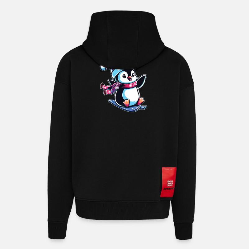 Pingouin Noël Ski Course Pingouins - Veste à capuche bio épaisse oversize fabriqué en UE - SOLID BLACK