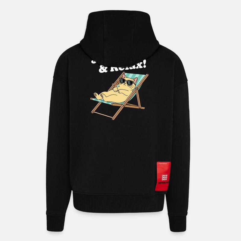 Chat relax dans une chaise longue - Veste à capuche bio épaisse oversize fabriqué en UE - SOLID BLACK