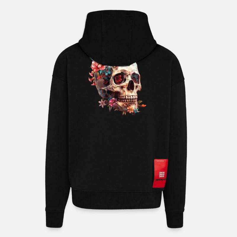 Crâne, crâne avec des fleurs - Veste à capuche bio épaisse oversize fabriqué en UE - SOLID BLACK