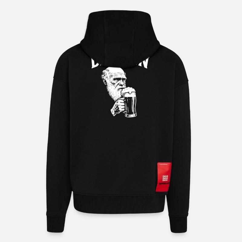 Darwin boit de la bière - Veste à capuche bio épaisse oversize fabriqué en UE - SOLID BLACK