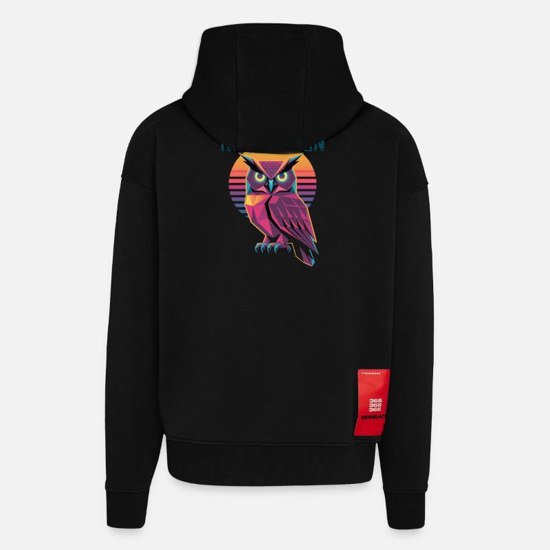 Night Vision Owl Retro Synthwave Sunset - Veste à capuche bio épaisse oversize fabriqué en UE - SOLID BLACK