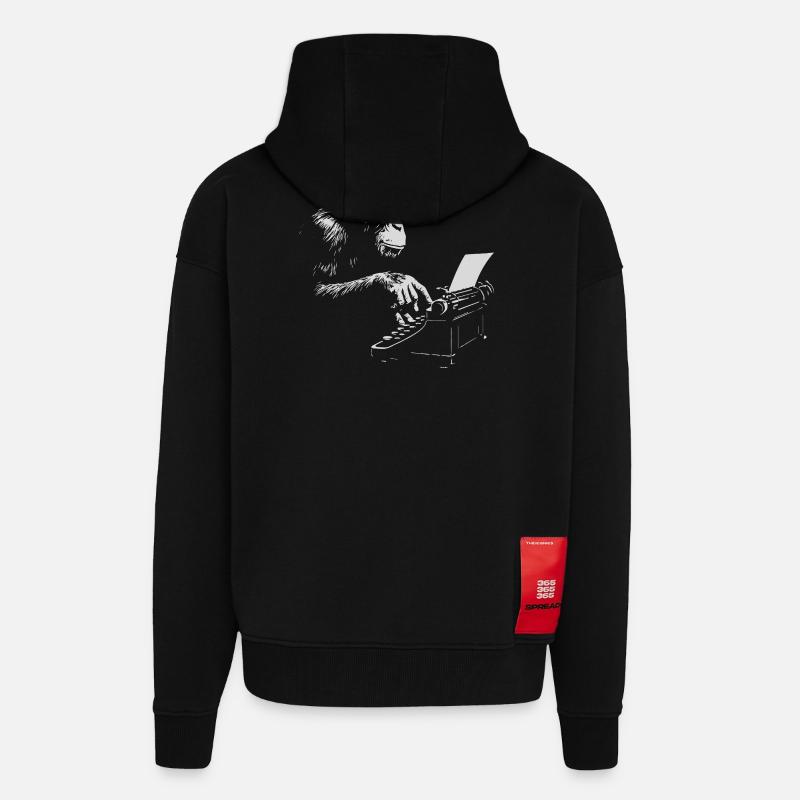 Chimp Typist Imprimé rétro - Veste à capuche bio épaisse oversize fabriqué en UE - SOLID BLACK