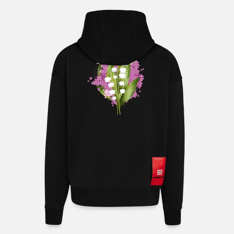 Muguet-de-vallée et lilas comme salut printanier - Veste à capuche bio épaisse oversize fabriqué en UE - SOLID BLACK