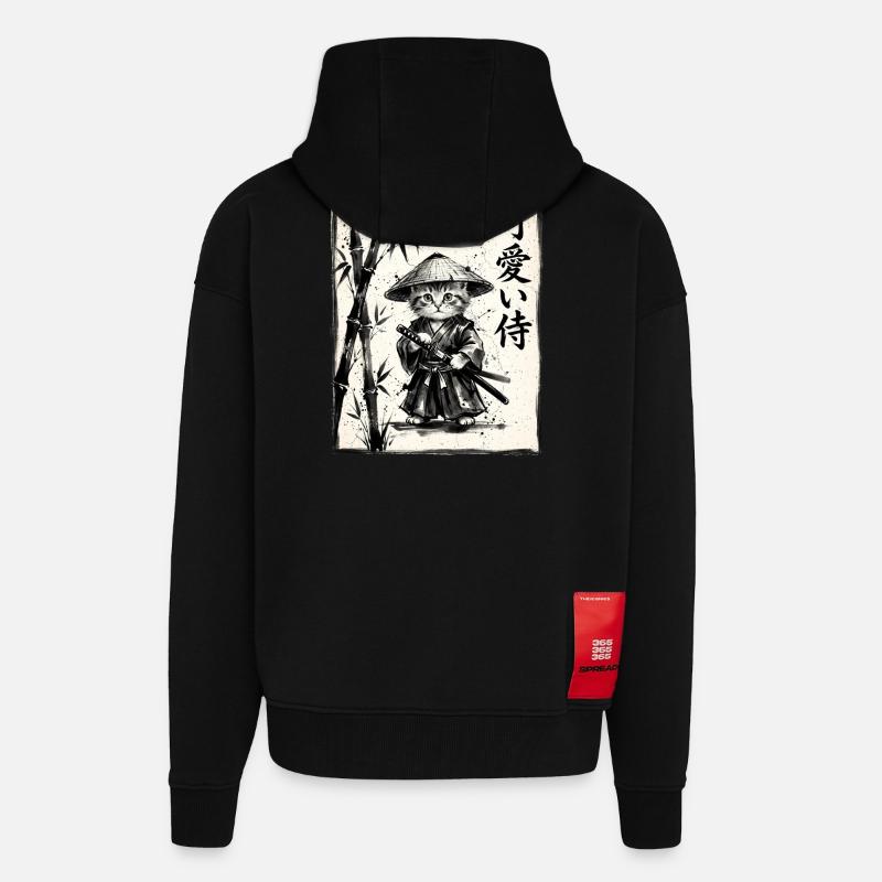 Samurai Cat Sumi-e Ink Drawing - Zip Hoodie - made by SPREAD - SOLID BLACK