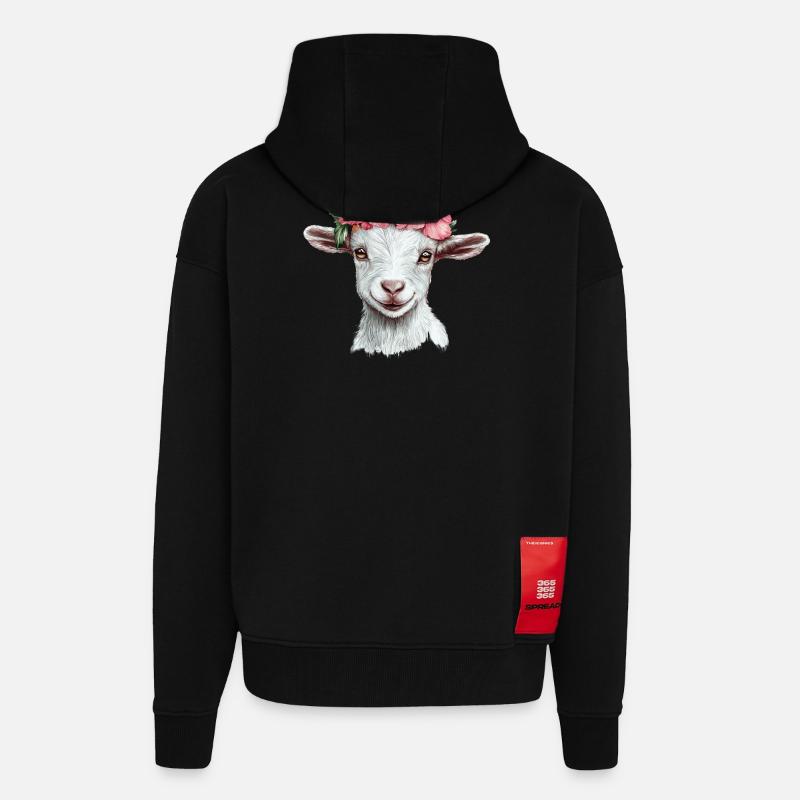 Chèvre avec une couronne d’hibiscus - Veste à capuche bio épaisse oversize fabriqué en UE - SOLID BLACK