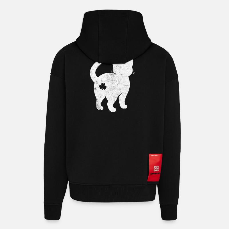 Silhouette de chat avec trèfle - Veste à capuche bio épaisse oversize fabriqué en UE - SOLID BLACK