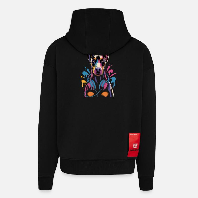 Dobermann mit Kopfhörern - Zip Hoodie - made by SPREAD - SOLID BLACK