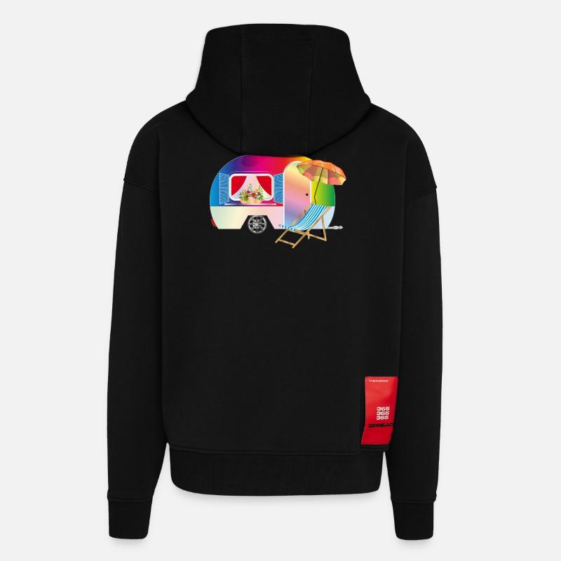 Bunter Retro-Wohnwagen mit Liegestuhl - Zip Hoodie - made by SPREAD - SOLID BLACK