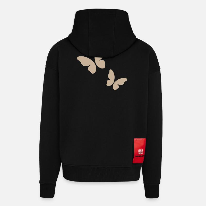 Motif papillon beige - Veste à capuche bio épaisse oversize fabriqué en UE - SOLID BLACK