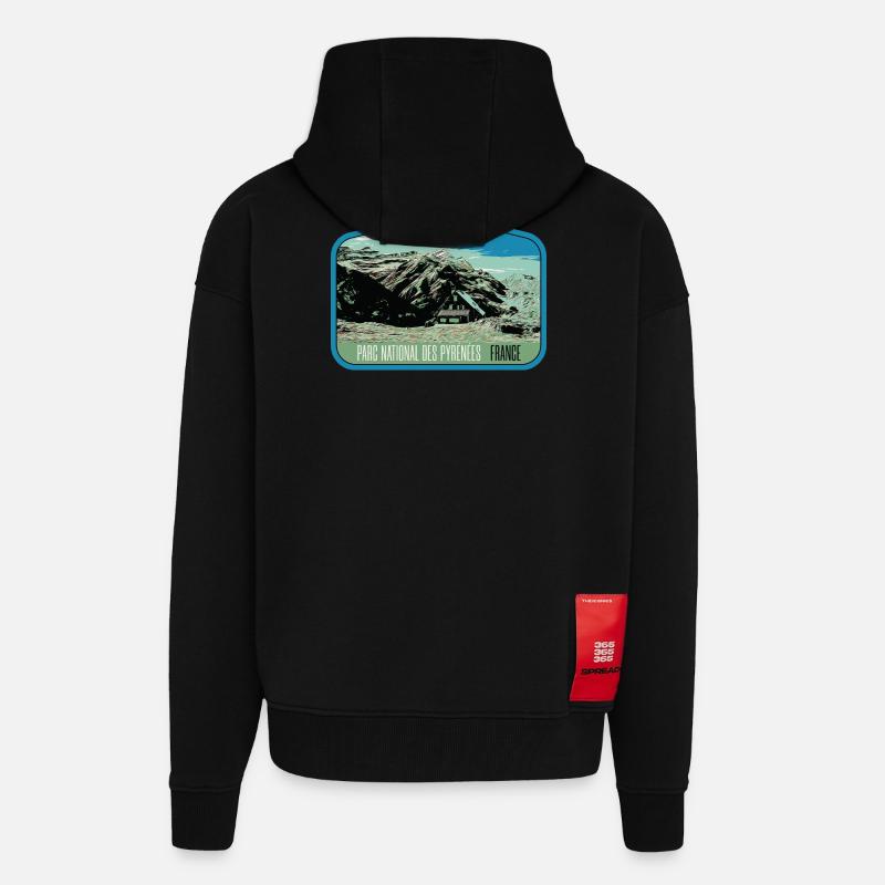 Écusson Paysage Pyrénées : Nature Authentique - Veste à capuche bio épaisse oversize fabriqué en UE - SOLID BLACK