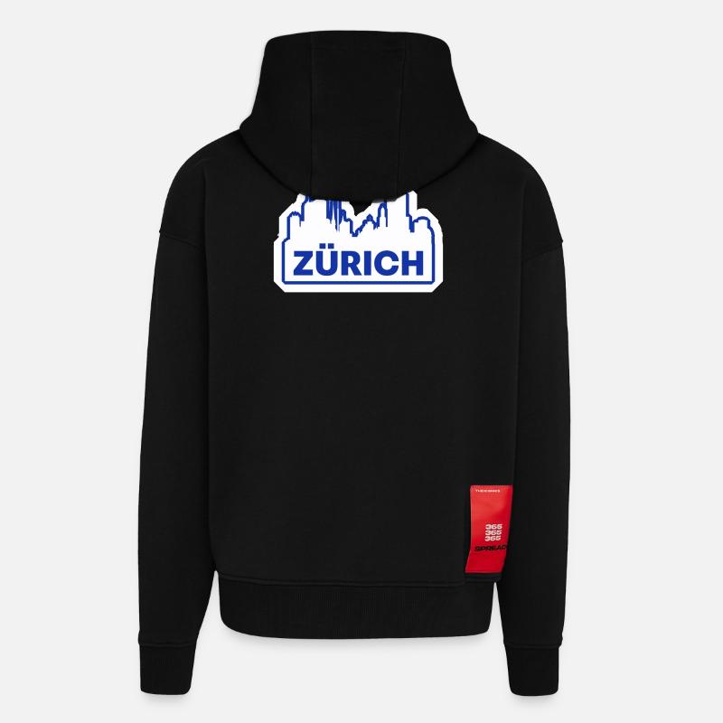 Impression du logo Zurich Skyline - Veste à capuche bio épaisse oversize fabriqué en UE - SOLID BLACK
