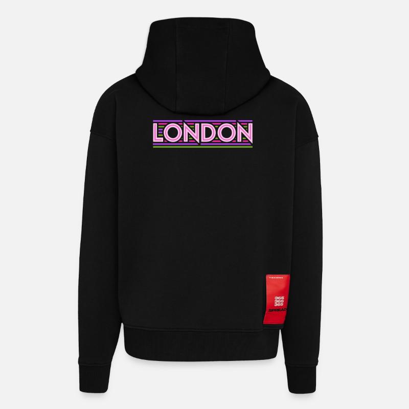 Londres Néon Typographie Lignes - Veste à capuche bio épaisse oversize fabriqué en UE - SOLID BLACK