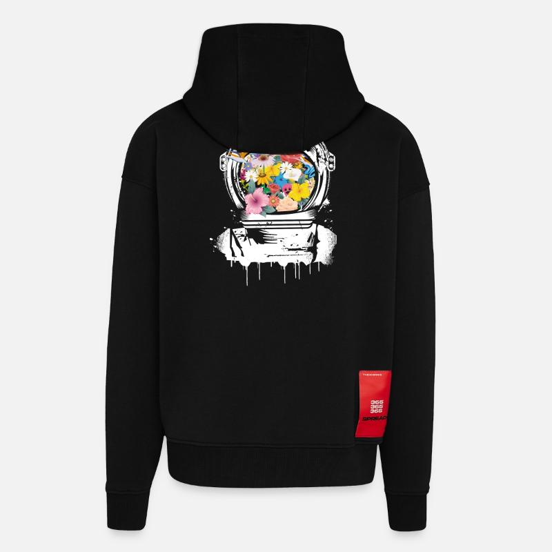 casque de l'astronaute avec des fleurs - Veste à capuche bio épaisse oversize fabriqué en UE - SOLID BLACK