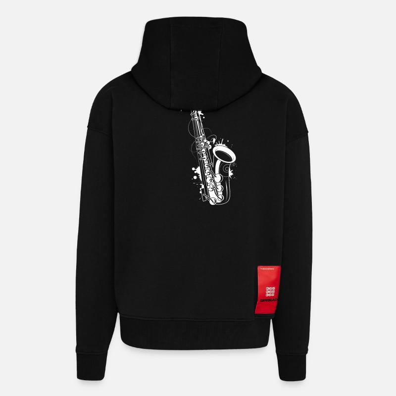 graffiti saxophone blanc - Veste à capuche bio épaisse oversize fabriqué en UE - SOLID BLACK