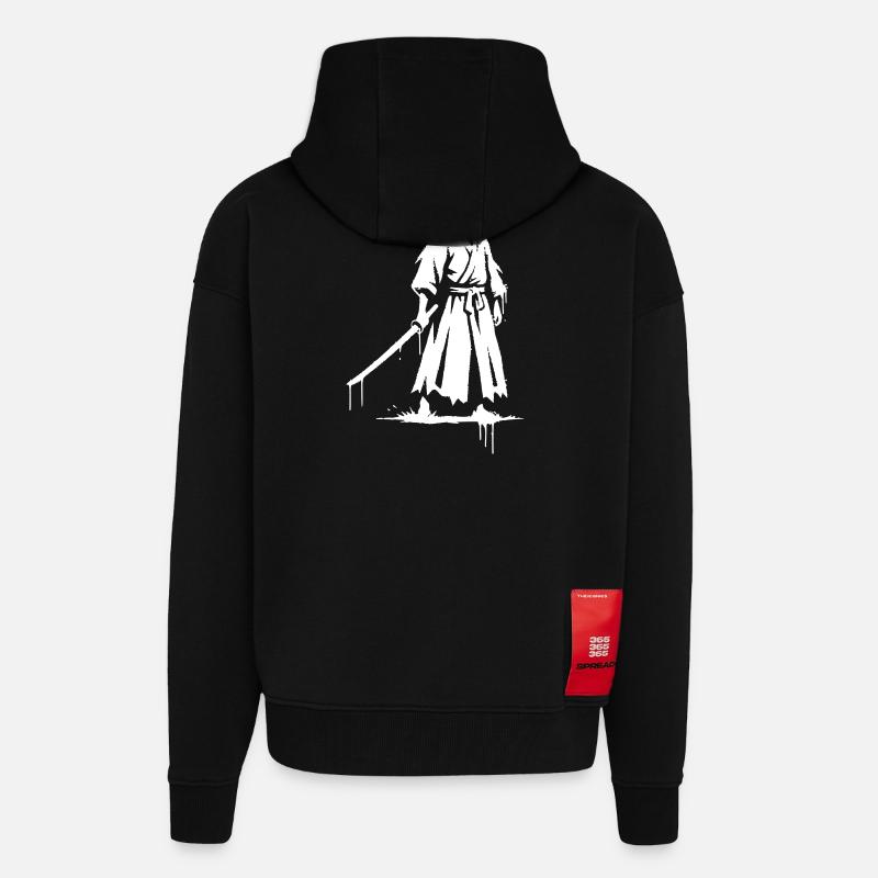 Graffiti de guerrier samouraï ronin triste - Veste à capuche bio épaisse oversize fabriqué en UE - SOLID BLACK